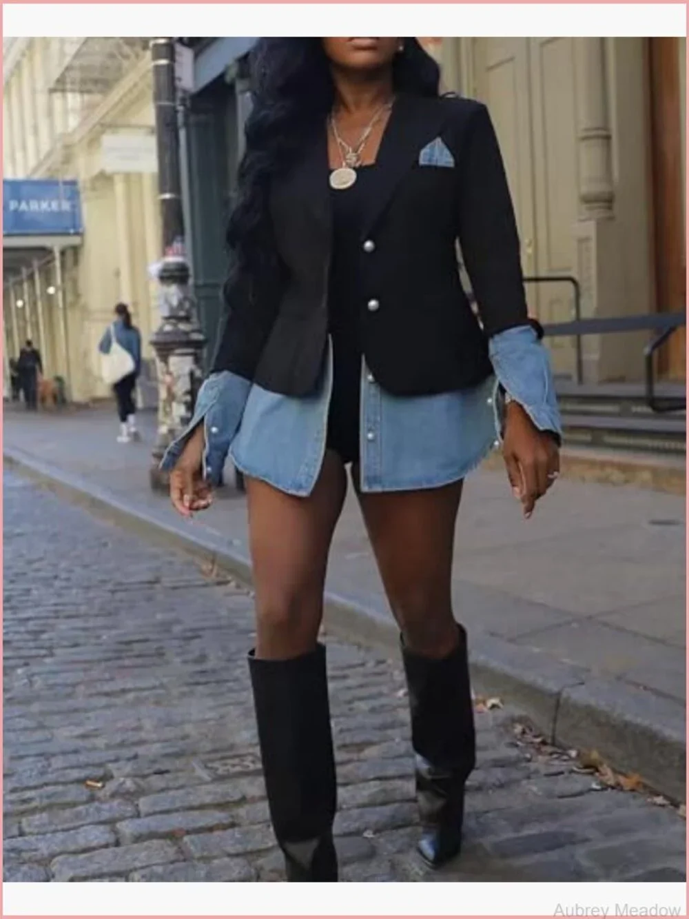Womens Denim Patchwork Blazer Jacket Casual Office Jean Trendy Coat Long Sleeve